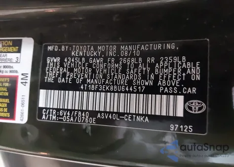2011 Toyota Camry Le from USA, damaged, VIN 4T1BF3EK8BU644517